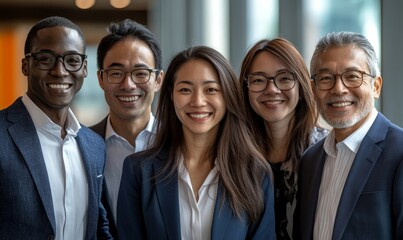 Diverse and inclusive group of financial businesspeople smiling at a team-building workshop event in the office. The image promotes workplace race inclusion and diversity, Generative AI