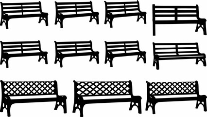 A collection of nine black benches with varying designs arranged in a three by three grid pattern silhouette