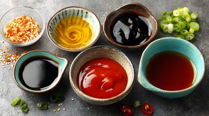 Assorted cooking sauces and spices in small bowls.