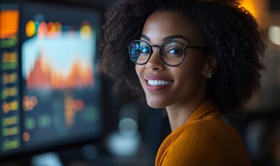 Happy African American businesswoman analysing stock market trends and data on a digital screen in the office. This image captures a candid moment of a female investor examining, Generative AI