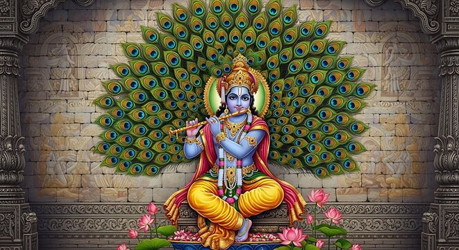 Lord Krishna playing flute with peacock feathers and lotus flowers hindu deity devotional image background for spiritual concepts