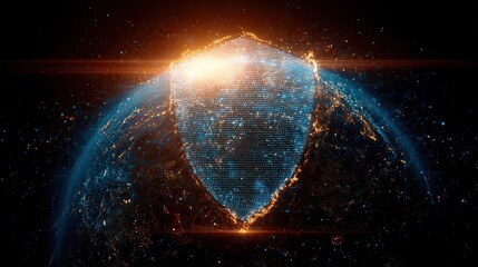 digital cybersecurity shield, glowing holographic Earth wrapped in security grid lines and binary code, dark tech background 