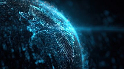 digital cybersecurity shield, glowing holographic Earth wrapped in security grid lines and binary code, dark tech background 
