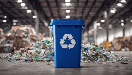 Blue recycling bin in a large warehouse