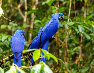 Obraz premium Vibrant blue macaws perched in jungle