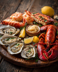 A cinematic close-up of a gourmet seafood platter with oysters, lobster, and lemon wedges on a rustic wooden table.