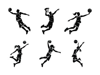 Silhouette of a basketball youth and energetic player mid air performing a slam dunk minimalist outline