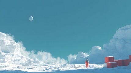 Solitary figure in an orange spacesuit amidst a snow-covered landscape.