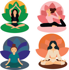Women Practicing Different Yoga Poses Vector Set