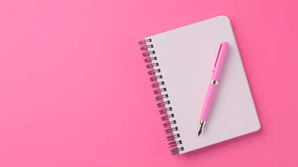 A pink notebook with a matching pen on a vibrant pink background.