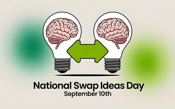 National Swap Ideas Day with Brain-Filled Light Bulbs and Arrows Showing Thought Exchange