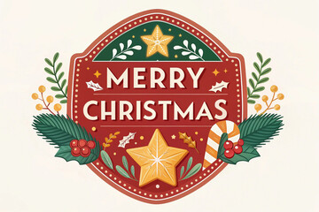 Vintage Christmas label with a festive ribbon, a retro vector design perfect for a holiday card or premium quality sticker