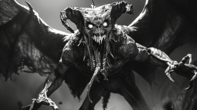 a winged scary demon with horns grins terribly - Powered by Adobe
