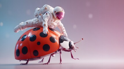 Astronaut riding a ladybug in a surreal scene.