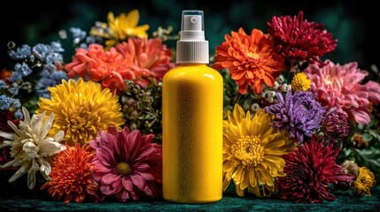Yellow spray bottle amidst colorful flowers