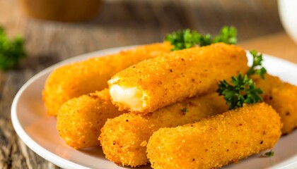 Crispy cheese sticks on plate