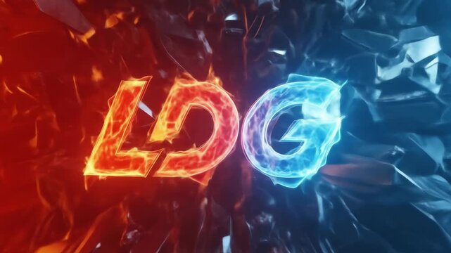 Abstract graphic design featuring the letters LDG, engulfed in fiery red and icy blue flames, amidst a chaotic background.