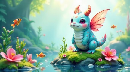 A whimsical, petite dragon with vibrant pink wings perches serenely on a moss-covered rock amidst a tranquil pond, surrounded by delicate pink blossoms and playful goldfish.