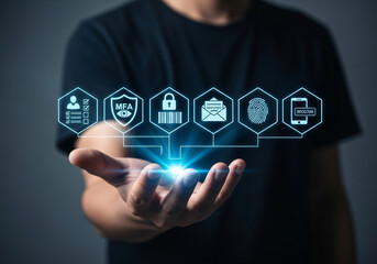 MFA, Multi-Factor Authentication Security Concept. Icons related to MFA, security locks, biometrics, and mobile verification, symbolizing cybersecurity, data protection, and secure login systems.