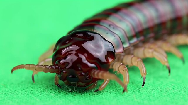 Macro Shot of a Reddish-Brown Centipede Crawling on a Vibrant Green Surface, Highlighting its Segmented Body and Numerous Legs