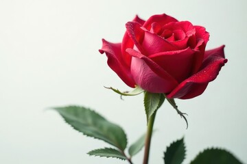 A Single Deep Red Rose with Dew Drops on Petals, Gracefully Presented Against a Soft, Pale Background