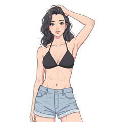 Fototapeta premium Confident athletic woman in bikini top and denim shorts posing with hand in hair