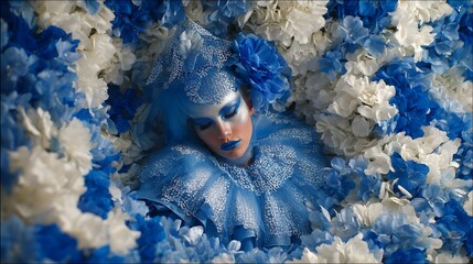 A person in a light blue lace costume, surrounded by blue and white flowers.