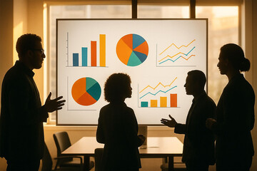 Diverse team collaborating on financial data presentation in a modern office