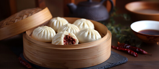 Creative food template. Chinese stuffed steamed BBQ Pork bun Char siu bao baozi Mantou in steamer basket, with teapot tea drink, soy sauce chili, wooden board table. copy text space. long banner