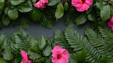Pink hibiscus flowers and tropical leaves arranged on a dark gray surface.