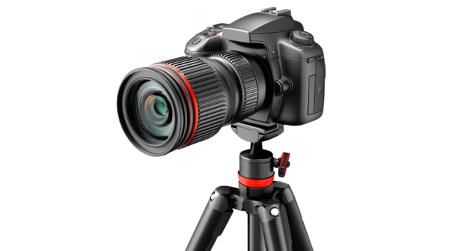 Professional Camera on Tripod: A high-end, professional-grade camera, mounted securely on a tripod, set against an uncluttered background, perfect for photographers and photography enthusiasts.
