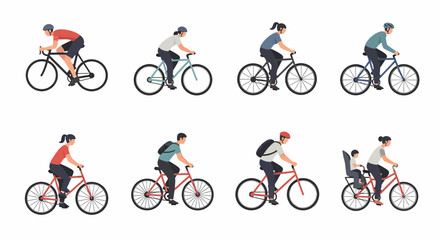 Fototapeta premium Diverse group of people riding various types of bicycles, side-by-side, in a flat design style.
