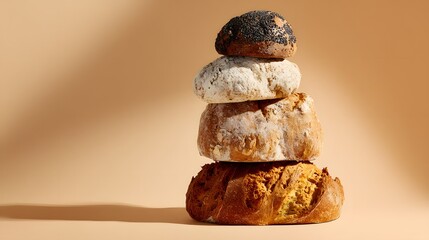 Variety of breads stacked against a beige background.