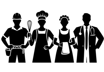 
A vector graphic illustration depicting silhouettes of four workers from different professions: a construction worker, a chef, a maid, and a doctor