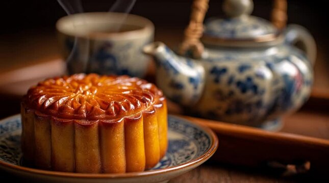 Traditional mooncake served on a ceramic plate with a tea set and cozy background during a festive gathering