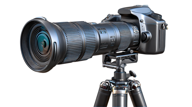 Capturing the Moment: Detailed, high-angle shot of a professional camera with lens, securely mounted on a tripod, ready to record a perfect shot.