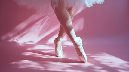 Ballerina's feet in pointe shoes against a pink backdrop.