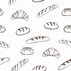 Hand-Drawn Bread Pattern Vector – Line Art Style with Croissants, Baguettes, and Pastries