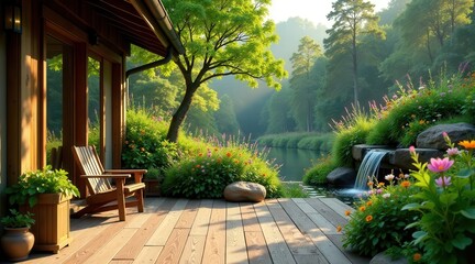 Obraz premium Tranquil Lakeside Retreat Wooden Deck, Serene Waterfall, Lush Gardens, and Peaceful Morning Sunlight