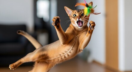 Abyssinian cat playfully leaping mid-air to catch a colorful feathered toy.