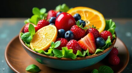 A vibrant and refreshing bowl of summer fruits and greens, featuring juicy oranges, plump strawberries, sweet blueberries, and raspberries, a delightful and healthy mix for a balanced diet