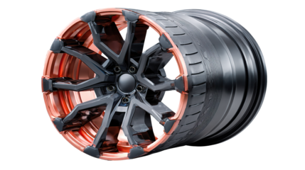 Stylish Rim: A close-up shot captures the intricate design of a sleek car rim, showcasing its bold geometry and elegant metallic finish against a simple background.