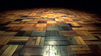 Detailed view of a parquet floor made of various wood pieces.