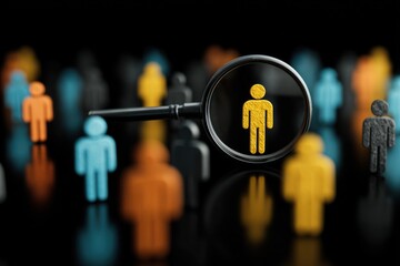 Magnifying glass focusing on a figure among many