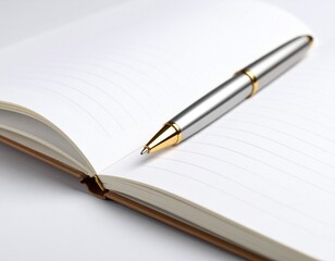 Pen's contemplation in diary: A shiny fountain pen rests elegantly on an open diary, poised to record thoughts and capture ideas, representing the art of reflection and the joy of journaling.