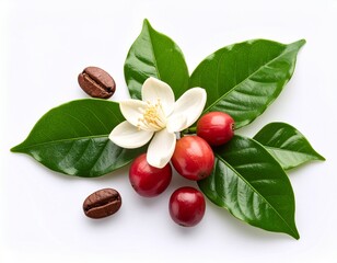 Coffee bean, flower, leaf: A close-up photograph showcases the intricate beauty of coffee production, from the vibrant red coffee cherries.