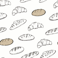 Hand-Drawn Bread Pattern Vector – Line Art Style with Croissants, Baguettes, and Pastries