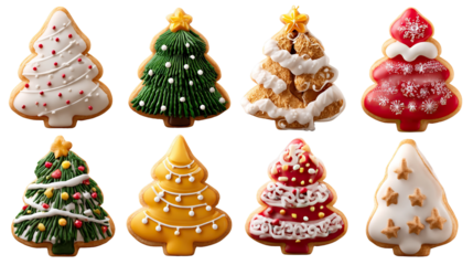 Festive Cookie Trees: A delightful array of meticulously crafted cookies shaped like Christmas trees, adorned with colorful frosting, intricate details.