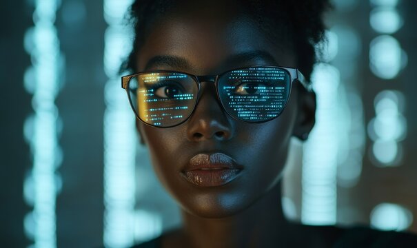 AI cybersecurity concept. Black female IT computer specialist analysing artificial intelligence cyber threats. The image depicts an African American software developer using AR, Generative AI