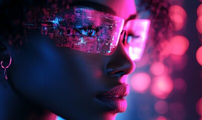 AI cybersecurity concept. Black female IT computer specialist analysing artificial intelligence cyber threats. The image depicts an African American software developer using AR, Generative AI